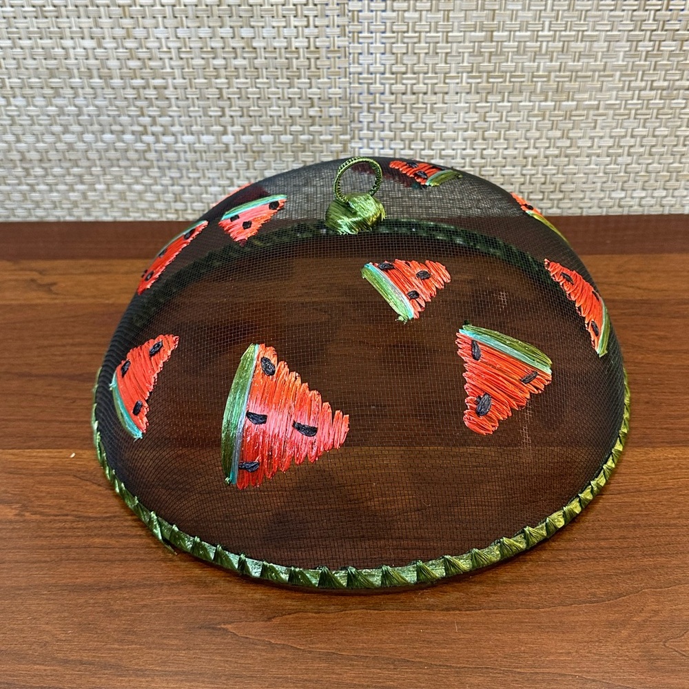 🌟3xHP🌟VTG 1980s Wire Mesh Dome Watermelon Raffia Food Cover 12" Woodard Charles